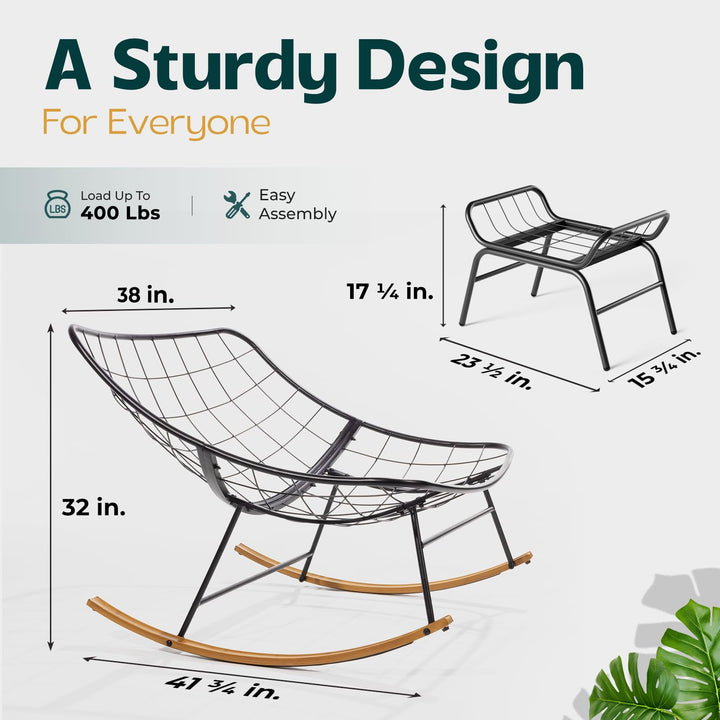Metal moon rocking chair with ottoman with grey cushion and wood-texture frame; for living room seating