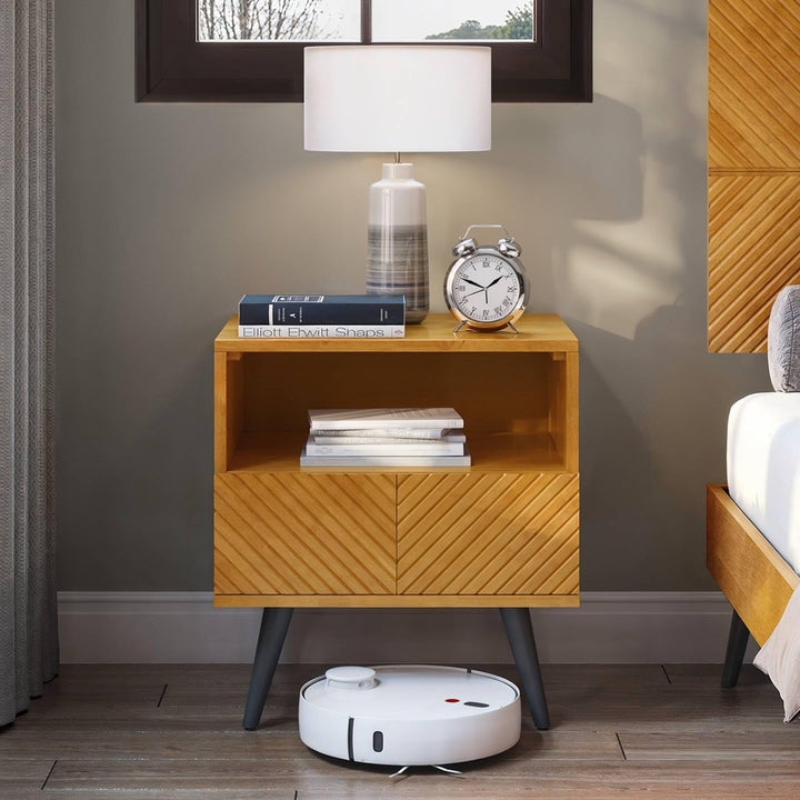 Rhombus nightstand with teak brown finish and bedside storage for bedside storage