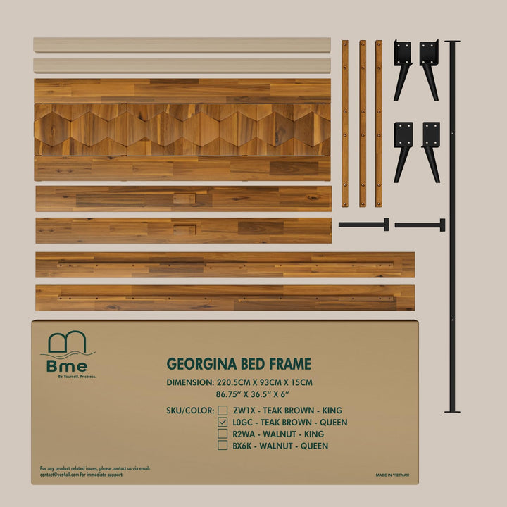 Georgina queen platform bed frame, featuring teak brown finish, for a platform bed setup