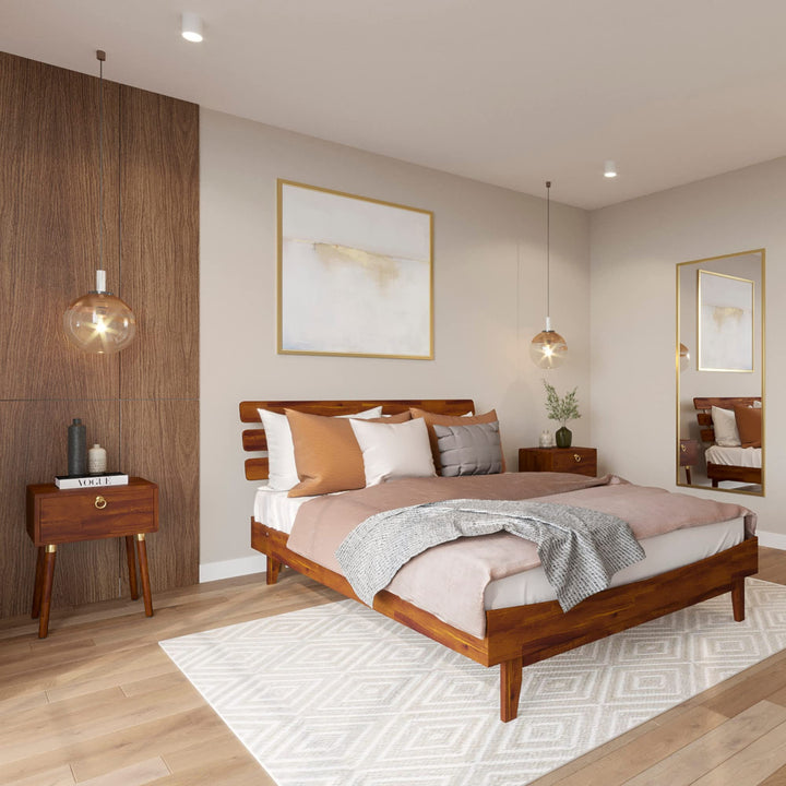 Caden queen platform bed frame, featuring headboard and dark chocolate finish, for daily bedroom use