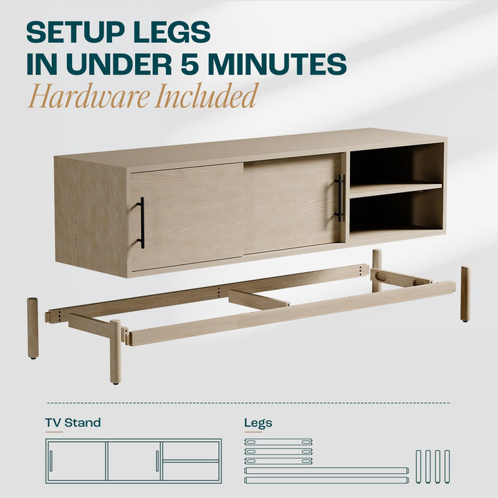Lyra TV stand, featuring 65-inch design, light grey finish, and media storage, for media organization