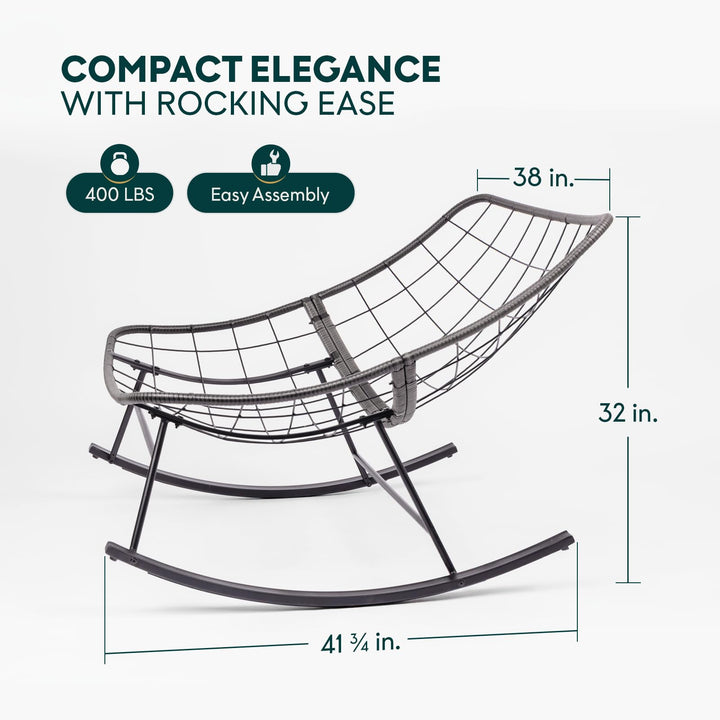 Metal moon rocking chair, featuring grey cushion and black matte frame, for relaxation