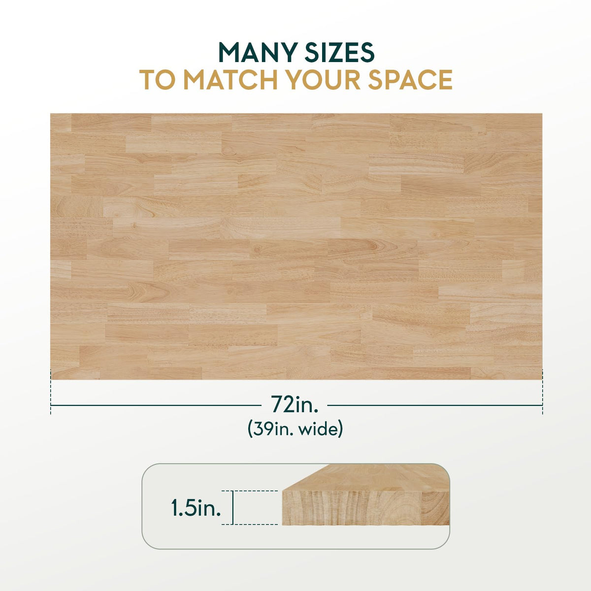 Hevea wood island countertop, featuring 6 ft x 39 in x 1.5 in, for desk projects