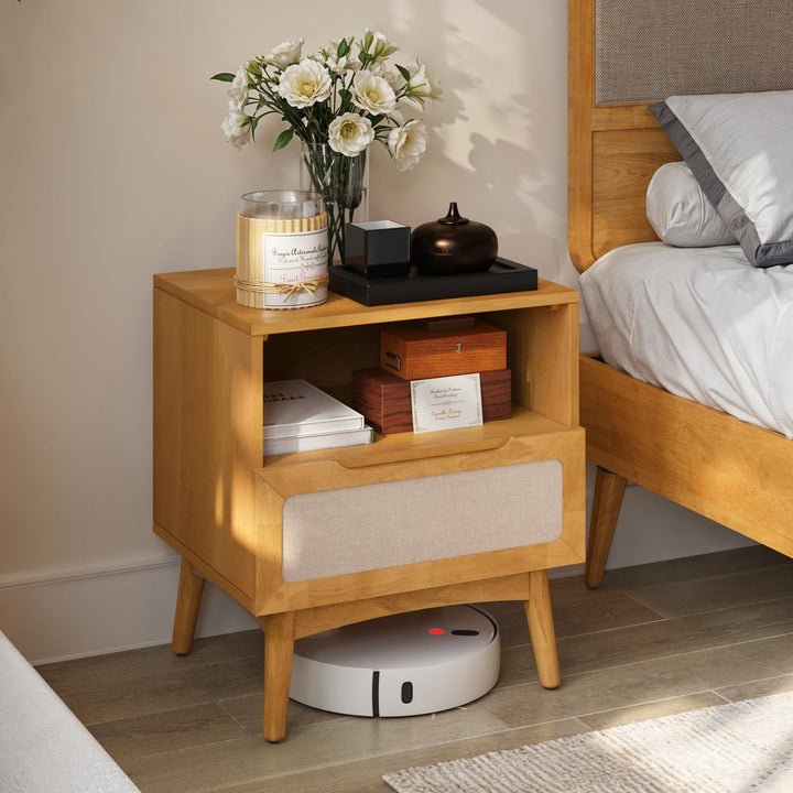 Calista 1-drawer nightstand with rubber wood veneer, teak brown finish, and bedside storage for bedside storage