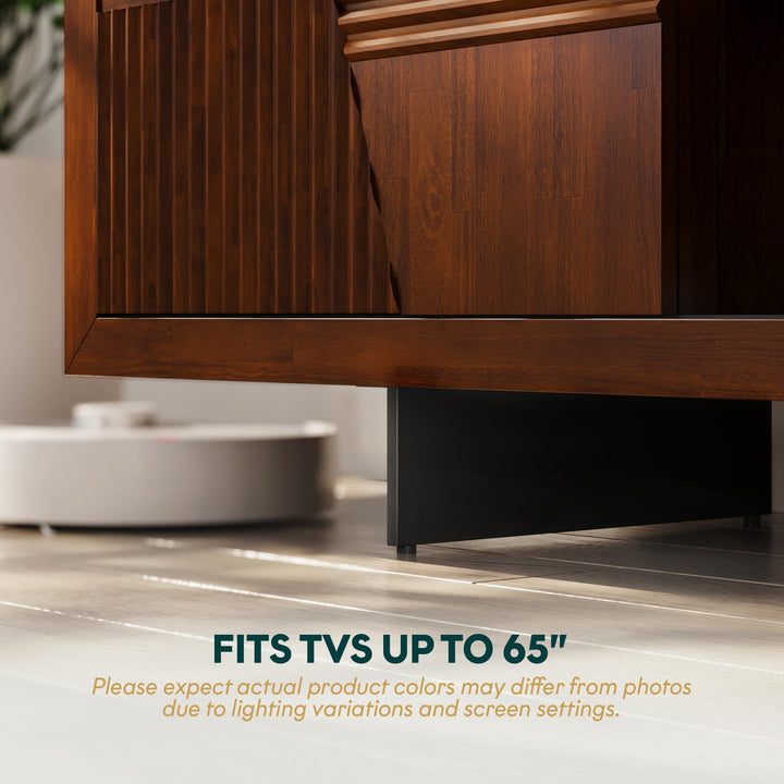 Trapeze TV stand, featuring walnut finish and media storage, for media organization