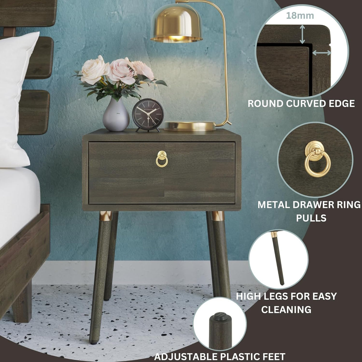 Caden 1-drawer nightstand with mocha finish and bedside storage; for bedside essentials