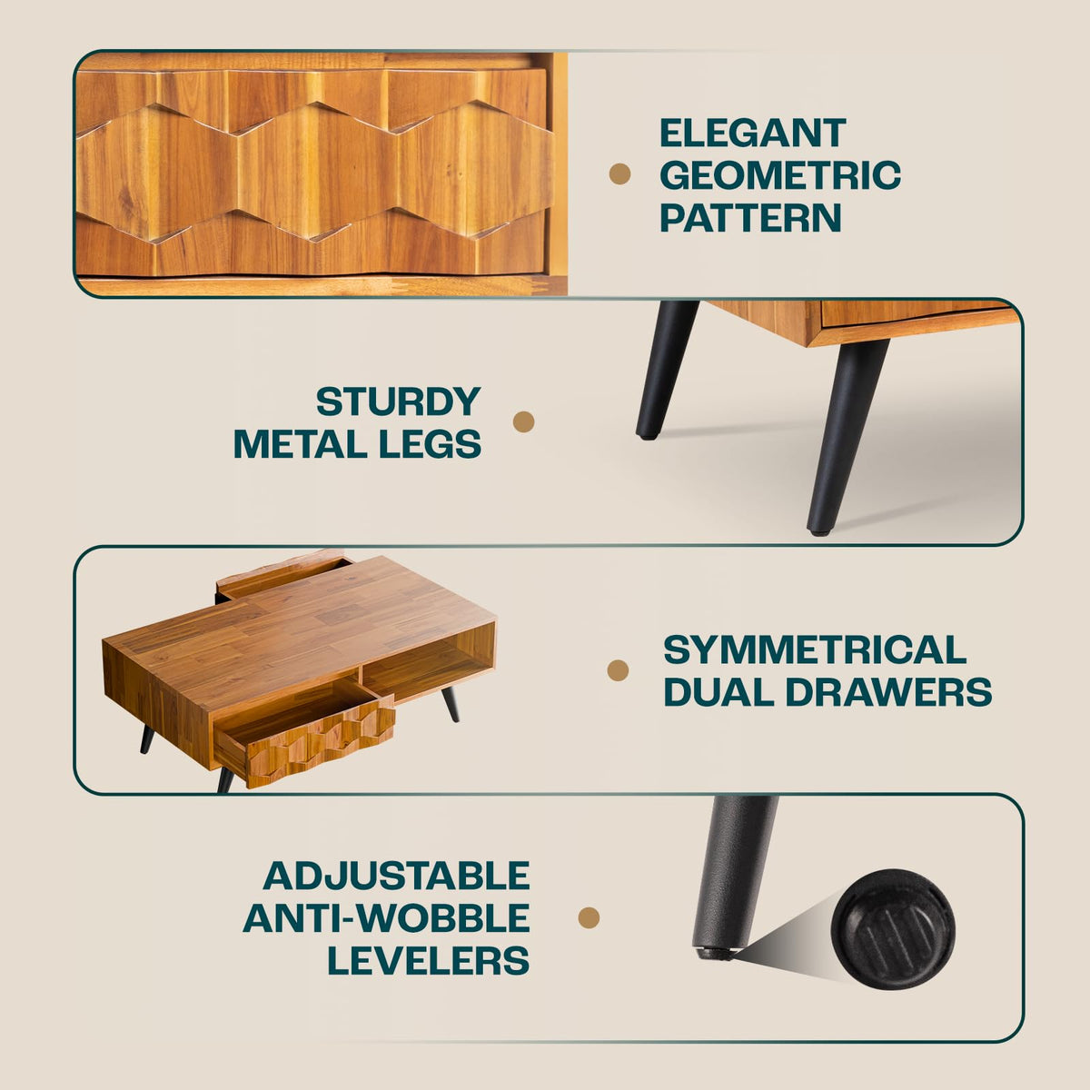 Georgina 2-drawer coffee table designed with teak brown finish and living room table for living room storage