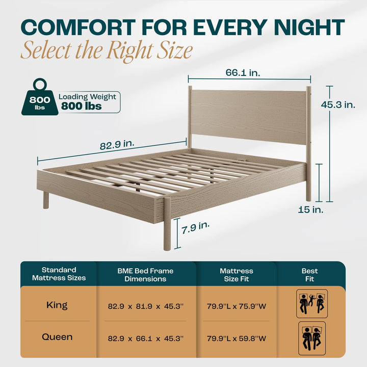 Lyra queen platform bed frame, featuring light grey finish, for mattress placement