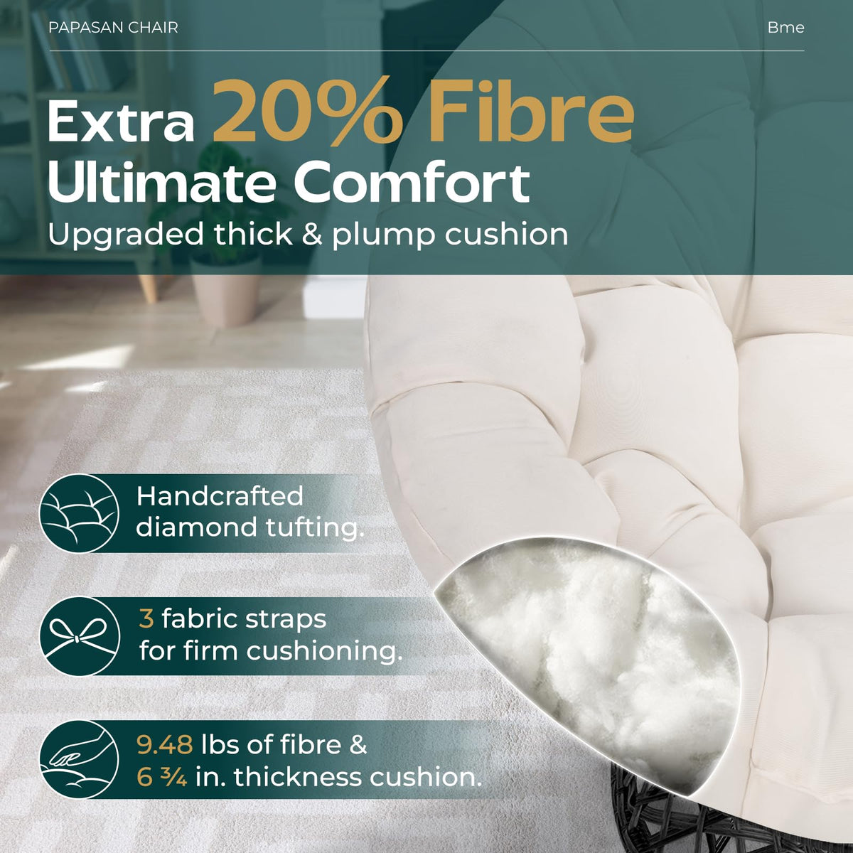 Bee papasan chair, featuring smoky quartz cushion and brown frame, for a reading corner
