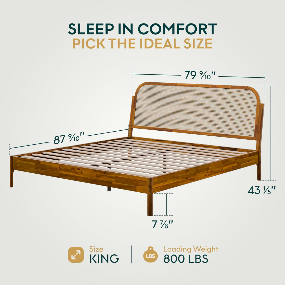 Aurelia king platform bed frame, featuring caramel finish, for mattress placement