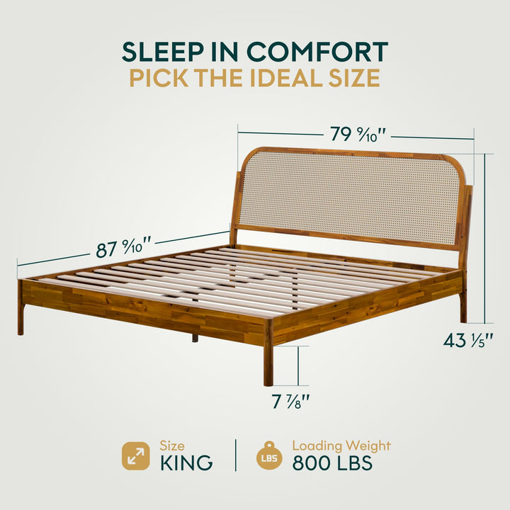 Aurelia king platform bed frame, featuring caramel finish, for mattress placement