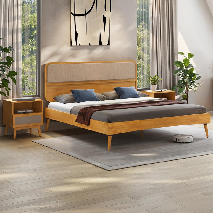 Calista king platform bed frame, featuring teak brown finish, for mattress placement