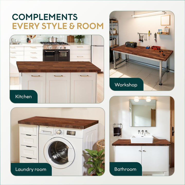 Hevea wood desktop countertop with 5 ft x 30 in x 1.5 in and dark walnut finish; for worktable builds