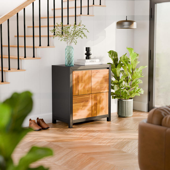 Madia 2-door storage cabinet, featuring black & teak brown finish and room storage, for shared living spaces