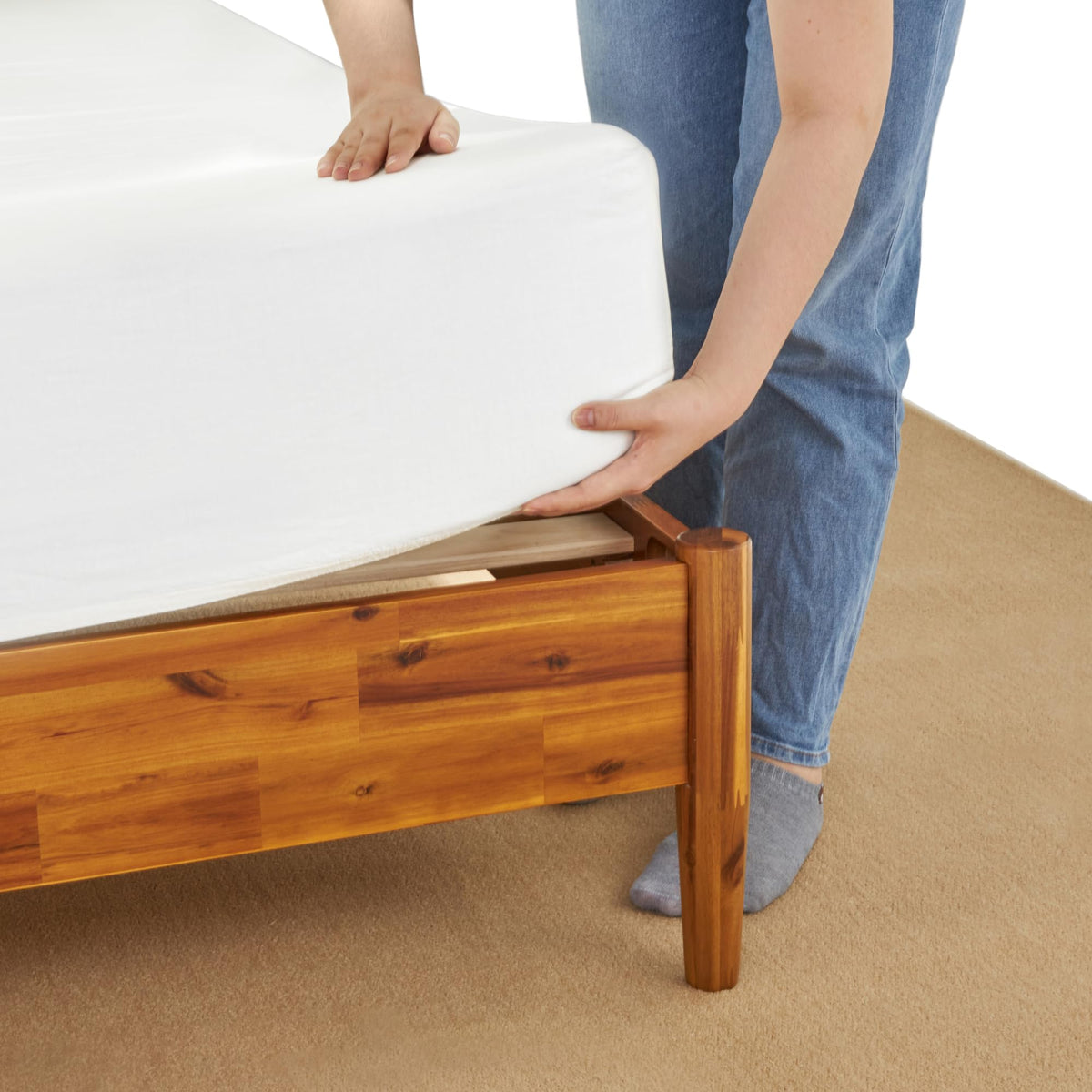 Oliver king platform bed frame, featuring caramel finish, for daily bedroom use