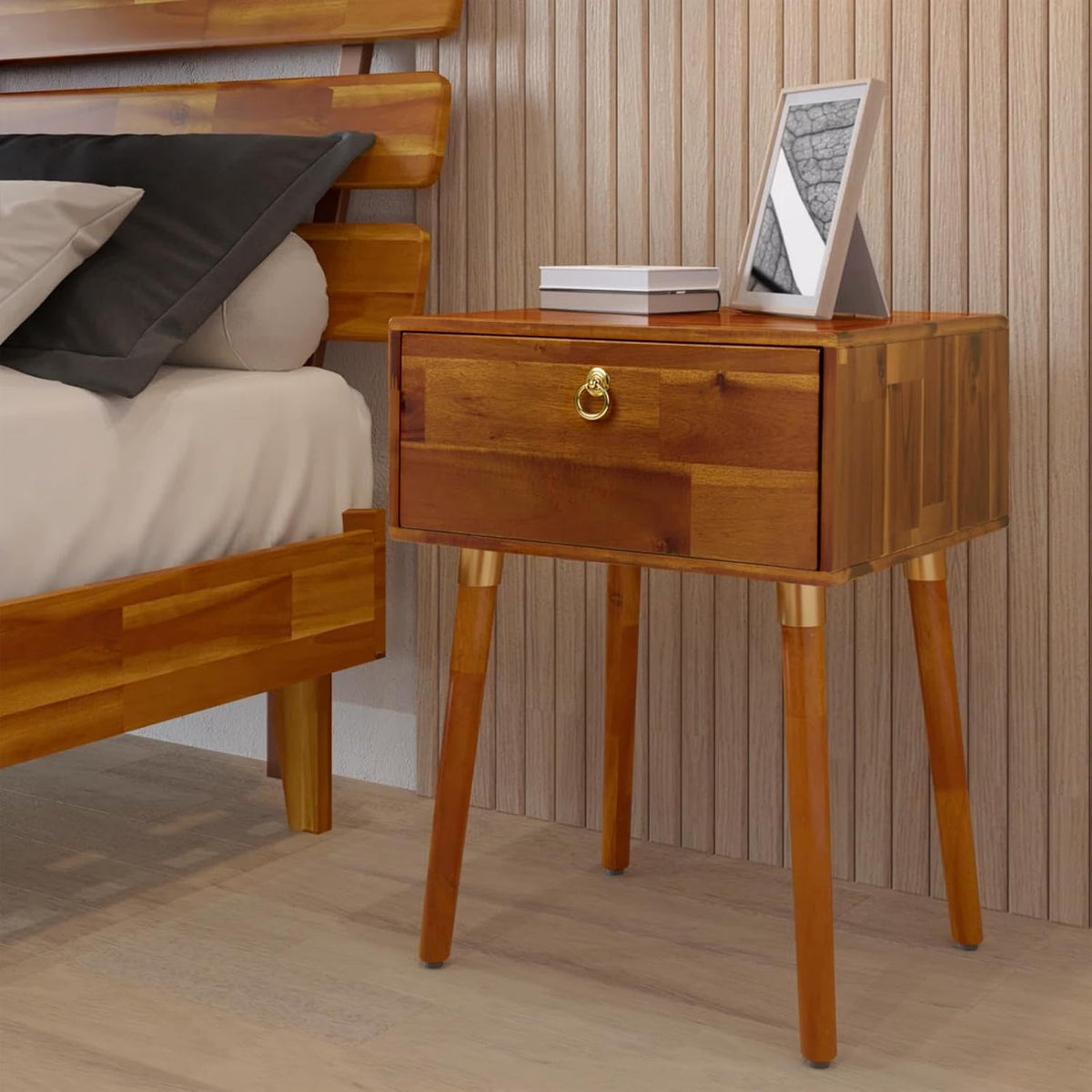 Caden 1-drawer nightstand with caramel finish and bedside storage for bedside storage