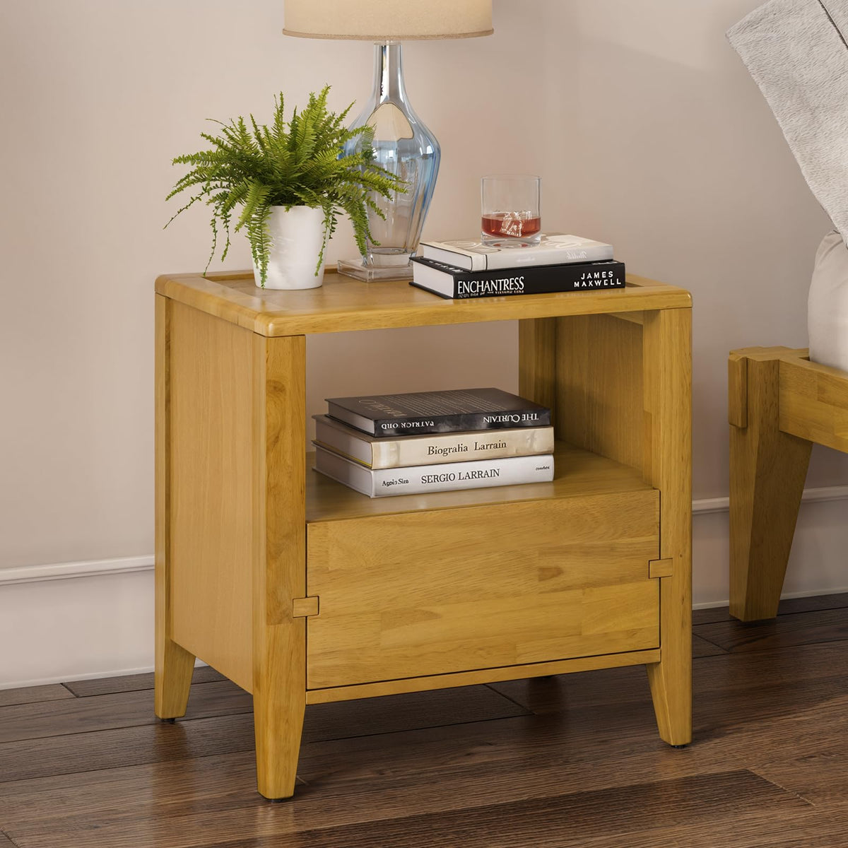 Chalipa 1-drawer nightstand with golden natural finish and bedside storage for bedside storage