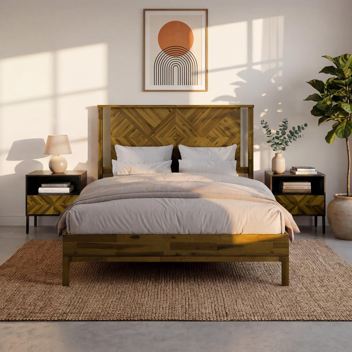Ethan queen platform bed frame with headboard and rustic dark brown finish for bedroom setup