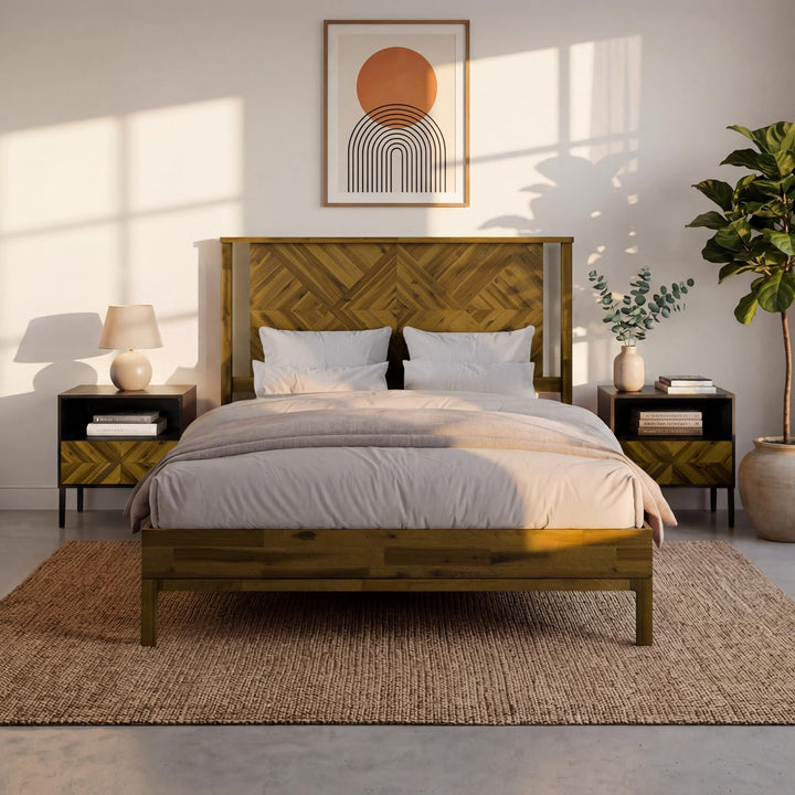 Ethan queen platform bed frame with headboard and rustic dark brown finish for bedroom setup