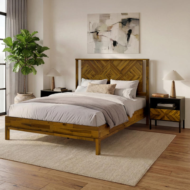 Ethan queen platform bed frame with headboard and rustic dark brown finish for a complete bed arrangement