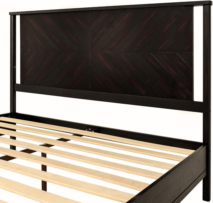 Vivian queen platform bed frame with headboard, acacia wood, and rustic black finish for a complete bed arrangement