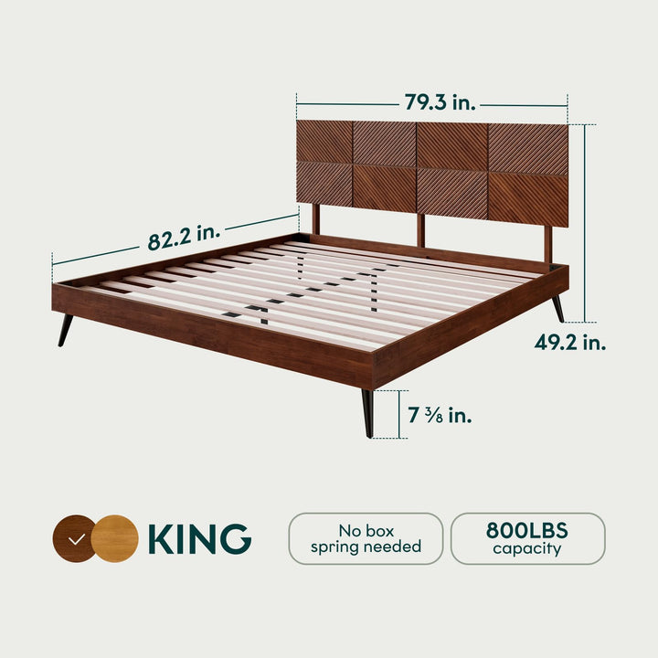 Rhombus king platform bed frame, featuring walnut finish, for mattress placement