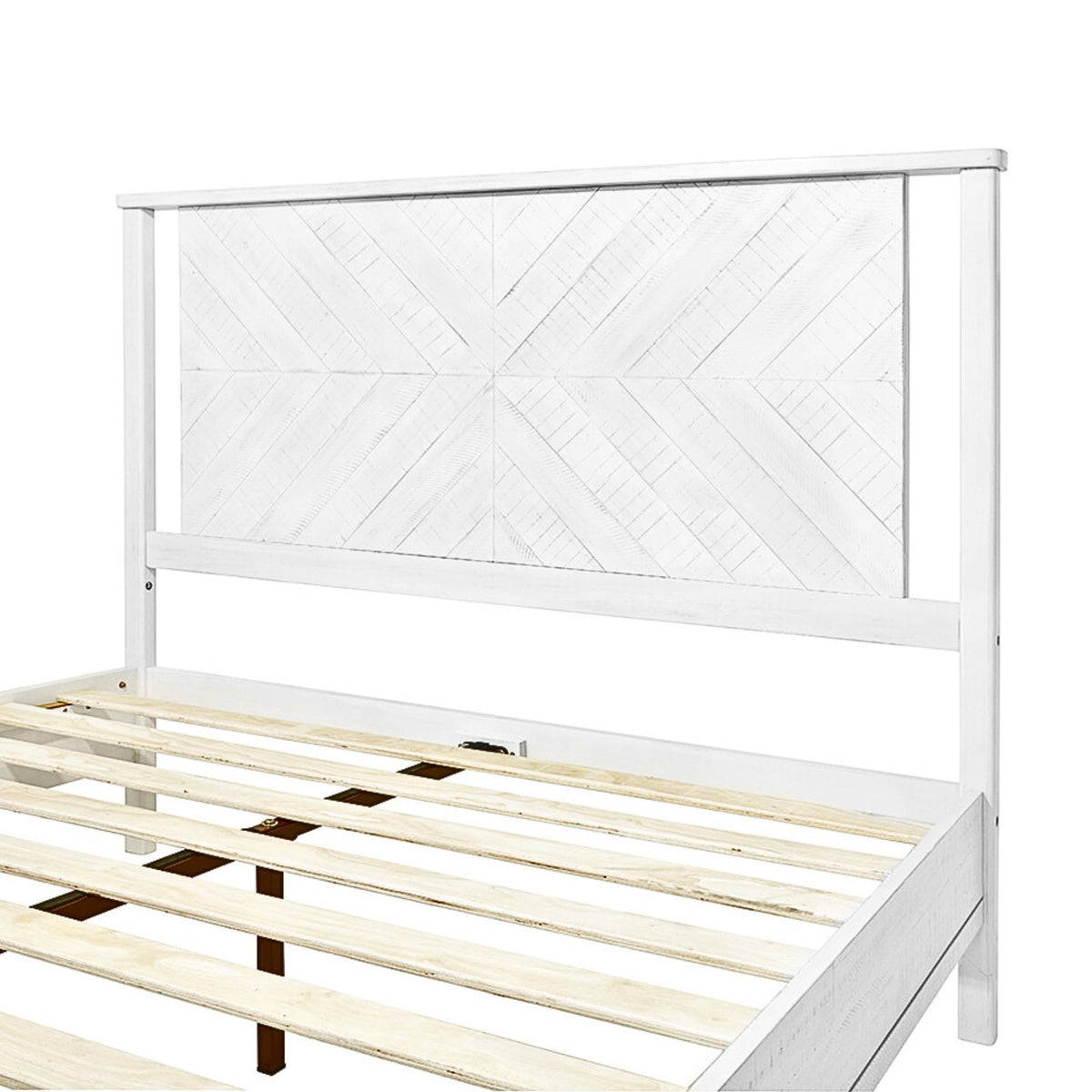 Vivian king platform bed frame with headboard, acacia wood, and rustic white finish for a complete bed arrangement