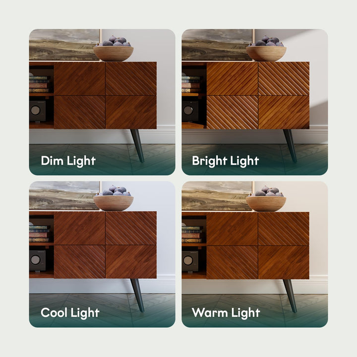 Rhombus TV stand with walnut finish and media storage for everyday media use