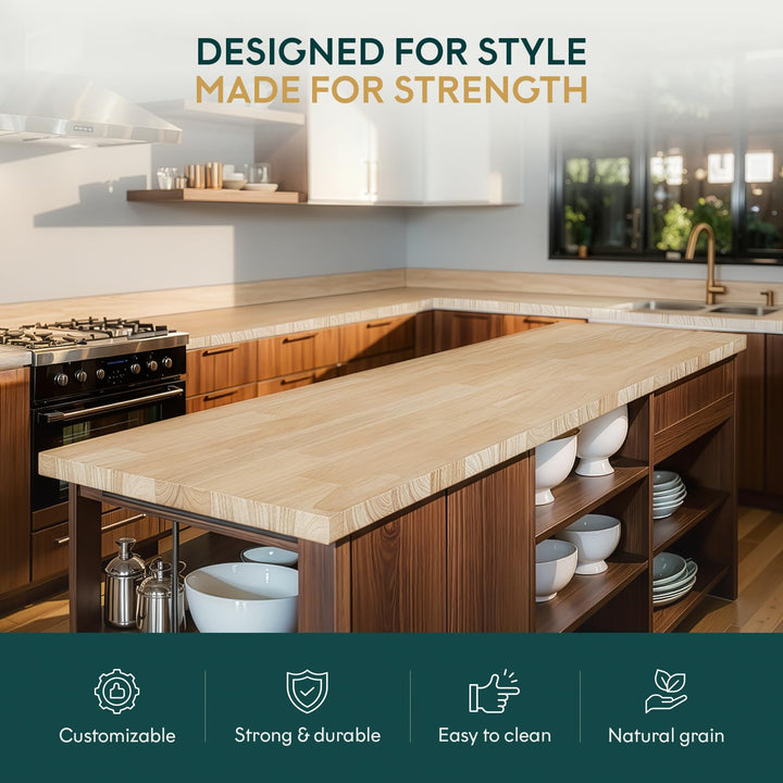 Hevea wood butcher block backsplash with 8 ft x 4 in x 0.75 in; for custom work surfaces