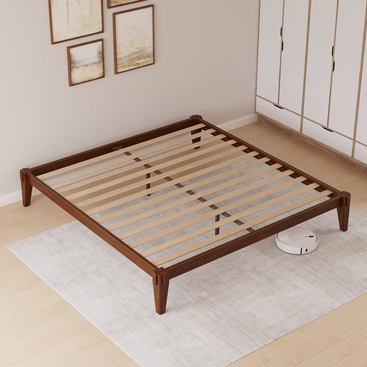 Chalipa king platform bed frame with headboard- design and walnut finish for mattress and bedroom setup