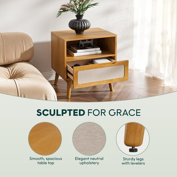 Calista 1-drawer nightstand designed with rubber wood veneer, teak brown finish, and bedside storage as a bedside table