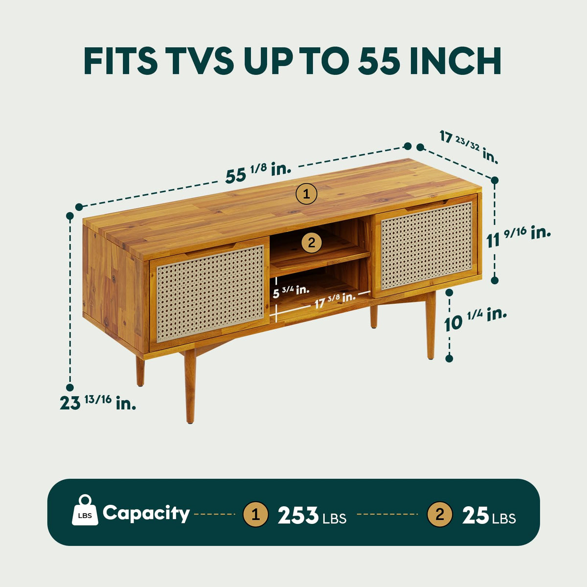 Oliver TV stand, featuring caramel finish and media storage, for TV placement