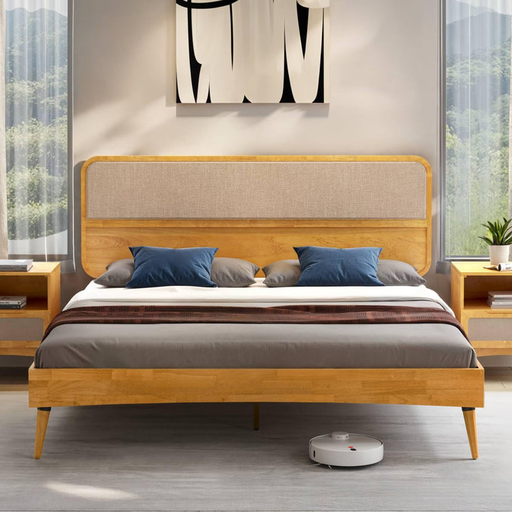 Calista king platform bed frame with teak brown finish for bedroom setup