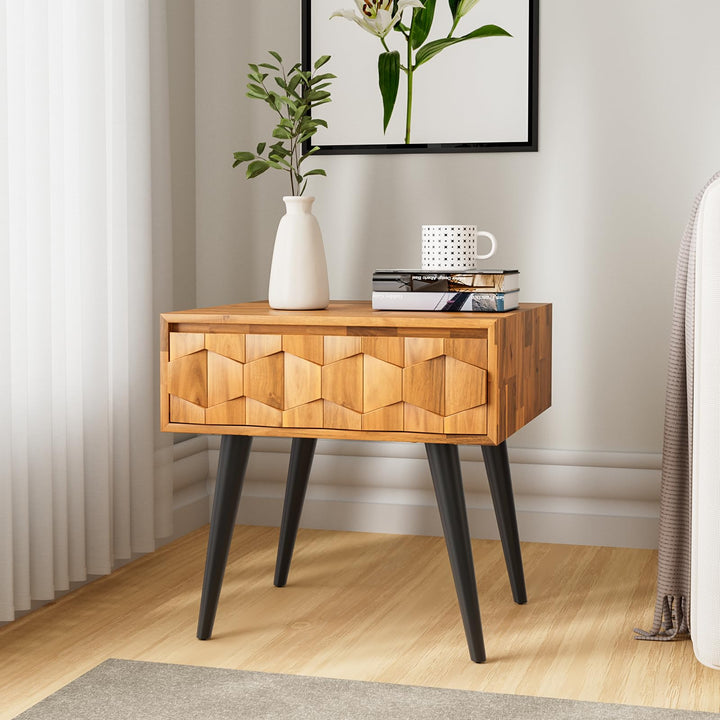 Georgina 1-drawer side table with teak brown finish and sofa-side or bedside table for sofa-side use