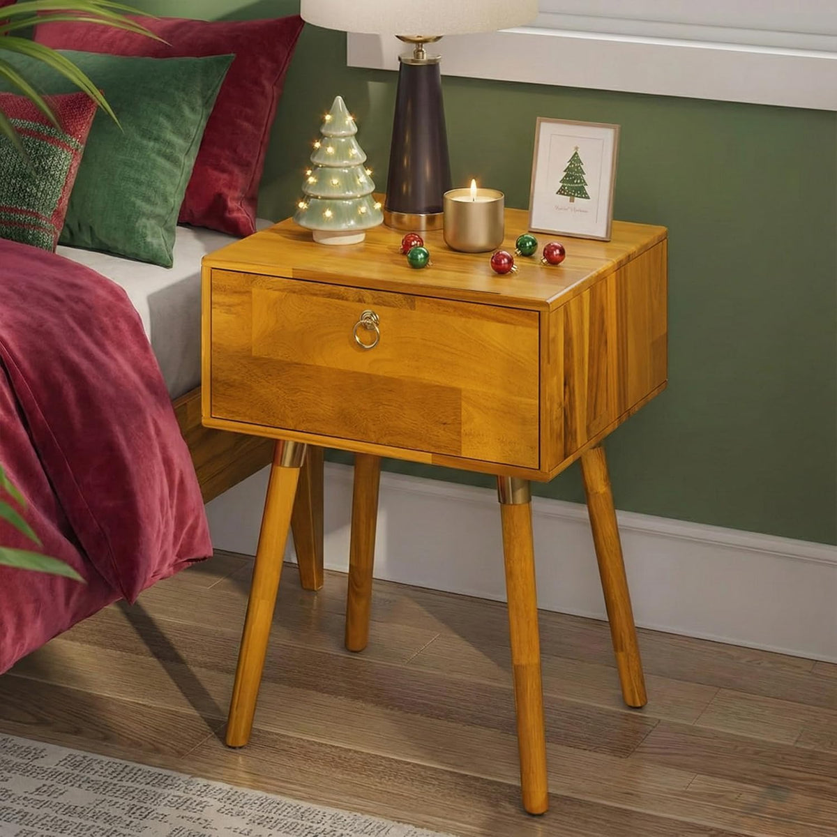 Alden 1-drawer nightstand with caramel finish and bedside storage for bedside storage