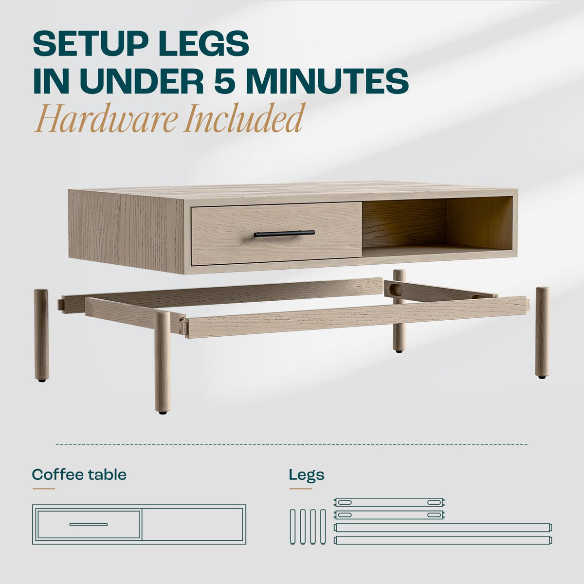 Lyra 2-drawer coffee table designed with light grey finish and living room table for living room storage