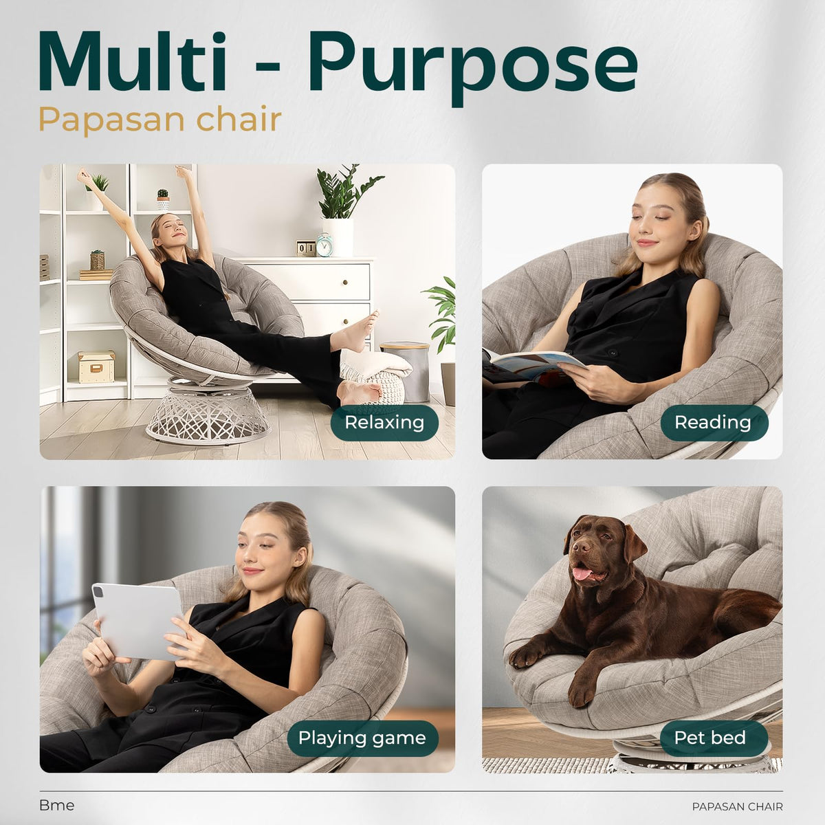 Papasan chair with silver cloud cushion and white frame; for reading and resting
