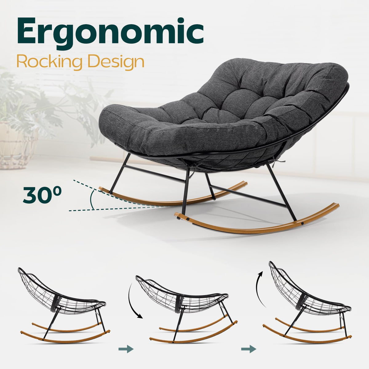 Metal moon rocking chair with ottoman, featuring grey cushion and wood-texture frame, for a lounge area