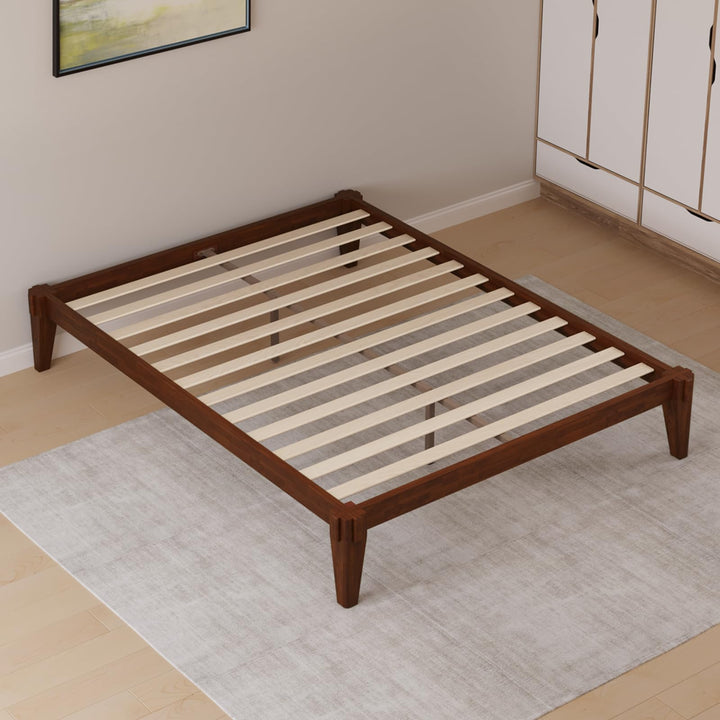 Chalipa queen platform bed frame with headboard- design and walnut finish for mattress and bedroom setup
