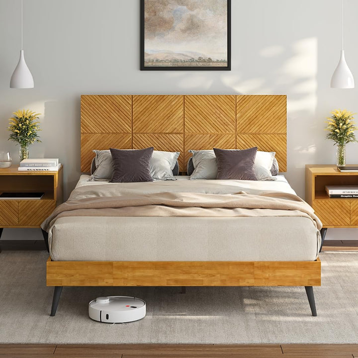Rhombus queen platform bed frame with teak brown finish for bedroom setup