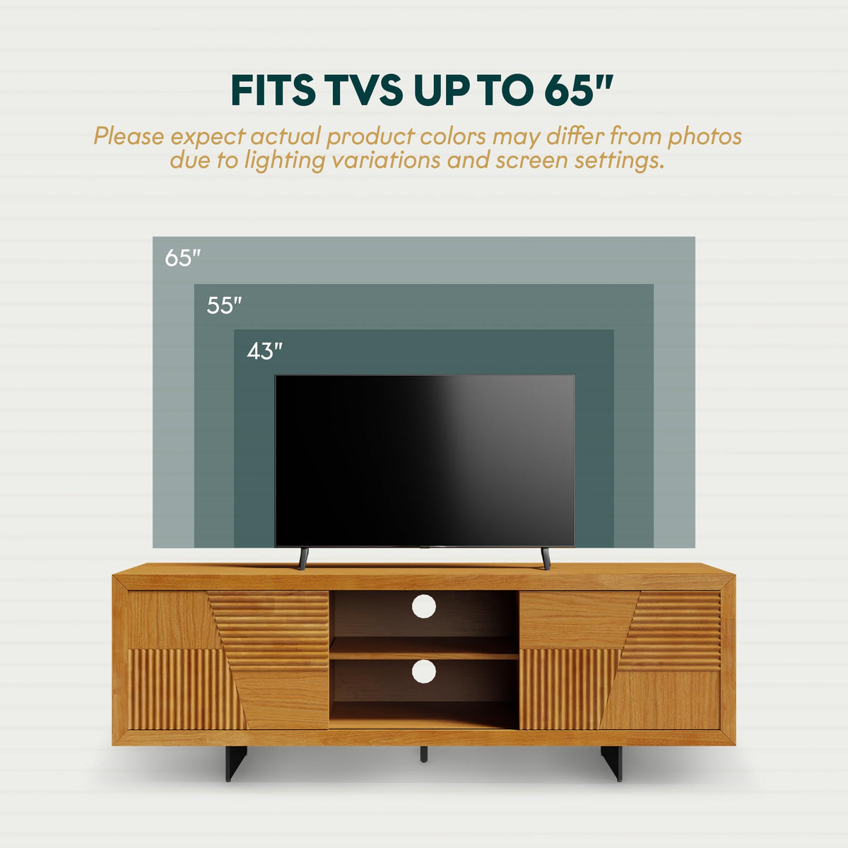 Trapeze TV stand with teak brown finish and media storage; for a home entertainment area