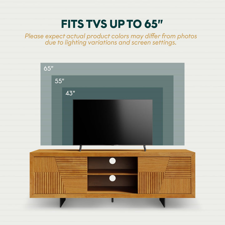 Trapeze TV stand with teak brown finish and media storage; for a home entertainment area