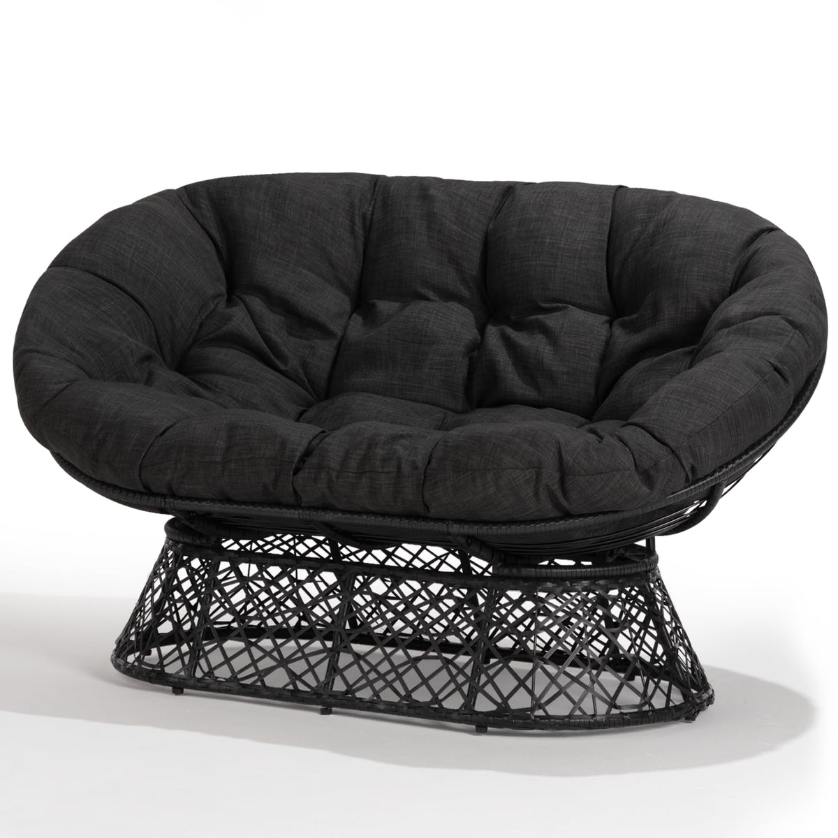 Metal double papasan chair with black cushion, black frame, and double-seat design for indoor lounge seating