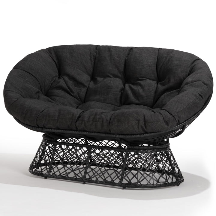 Metal double papasan chair with black cushion, black frame, and double-seat design for indoor lounge seating