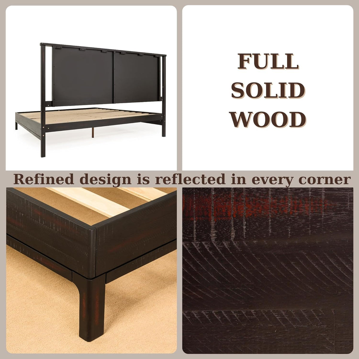 Vivian queen platform bed frame with headboard, acacia wood, and rustic black finish for everyday bedroom use