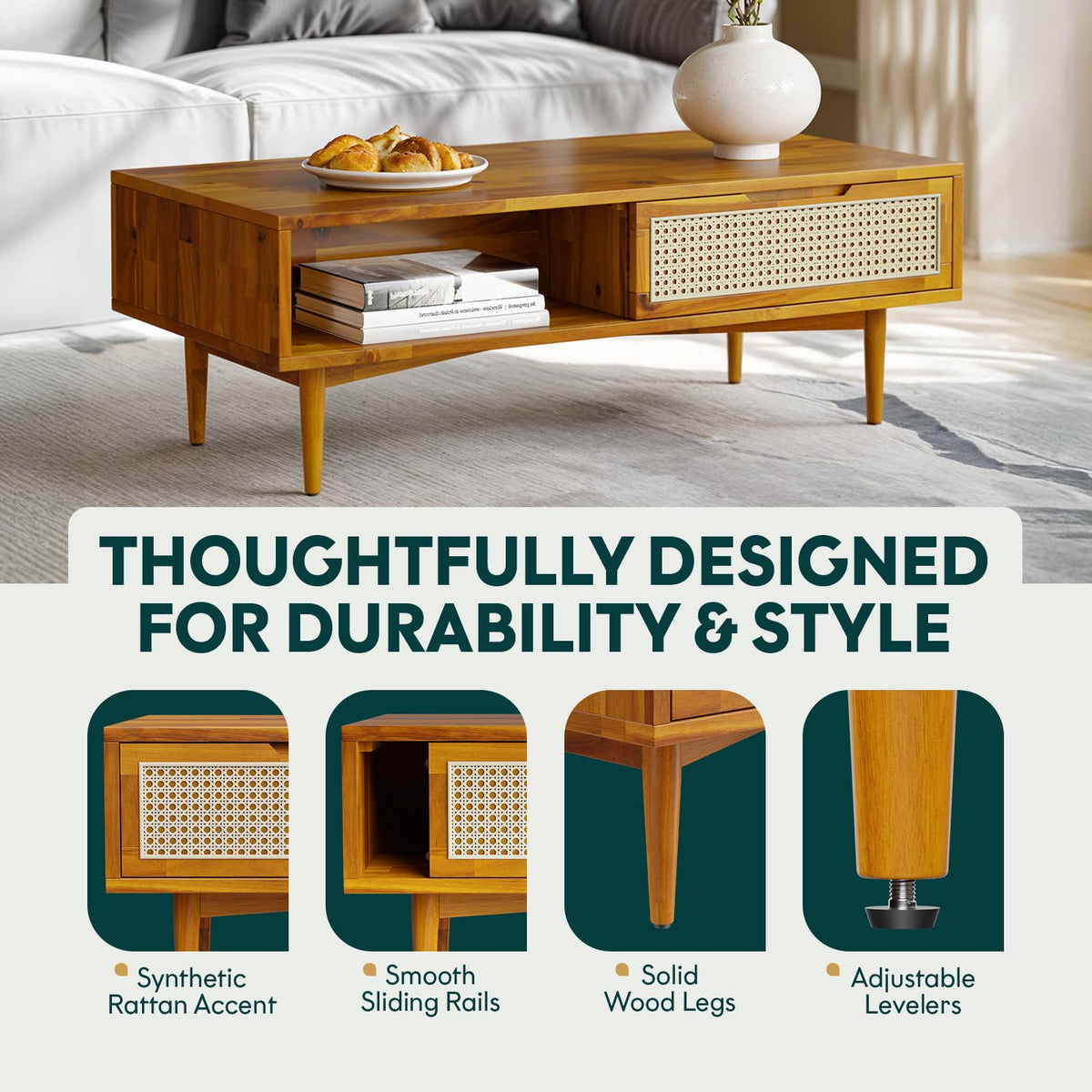 Oliver coffee table designed with caramel finish and living room table for living room storage