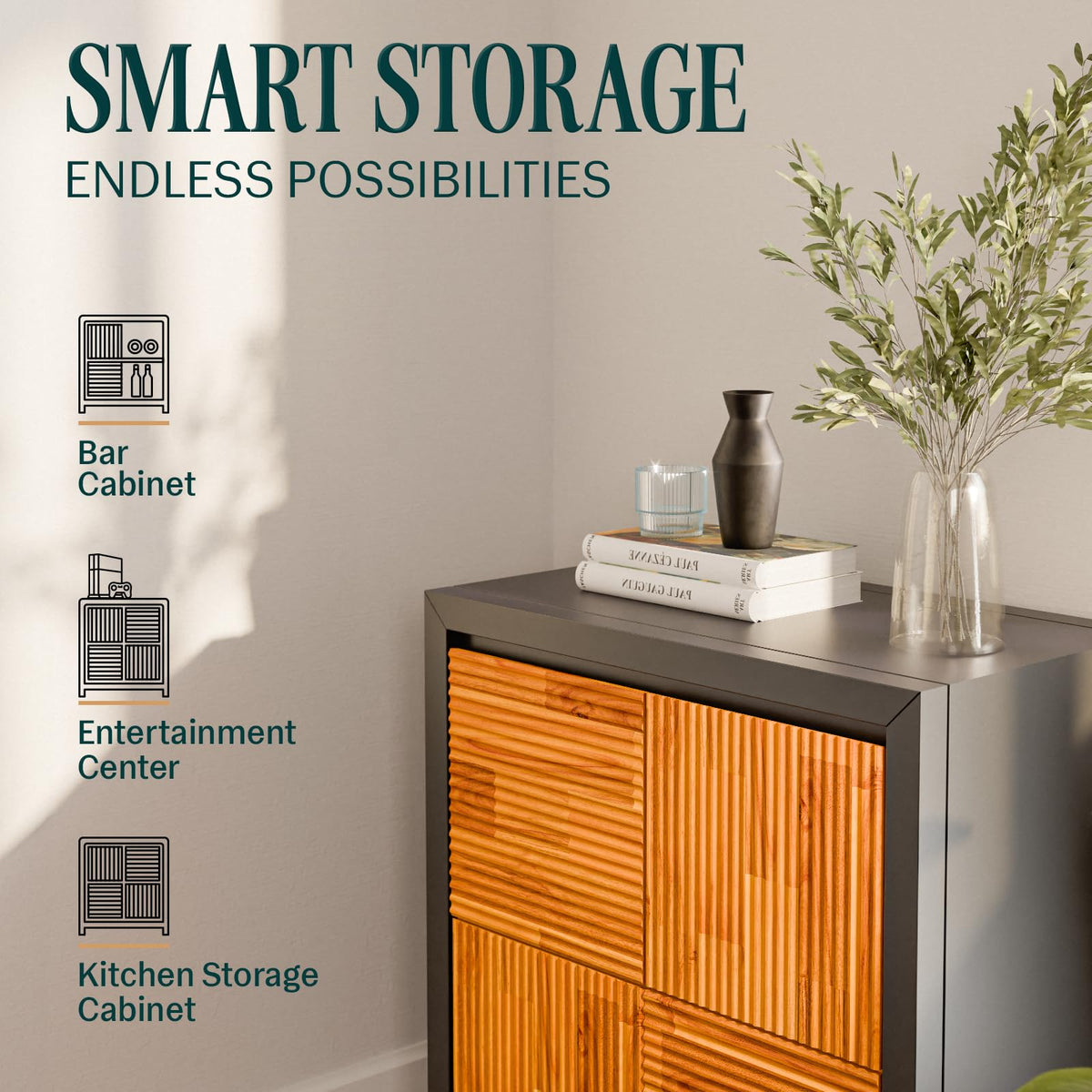 Madia 2-door storage cabinet designed with black & teak brown finish and room storage for household essentials