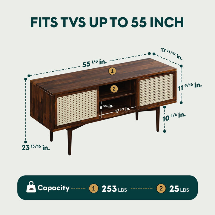 Oliver TV stand, featuring walnut finish and media storage, for TV placement