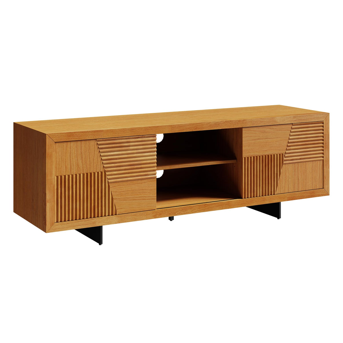 Trapeze TV stand, featuring teak brown finish and media storage, for TV placement