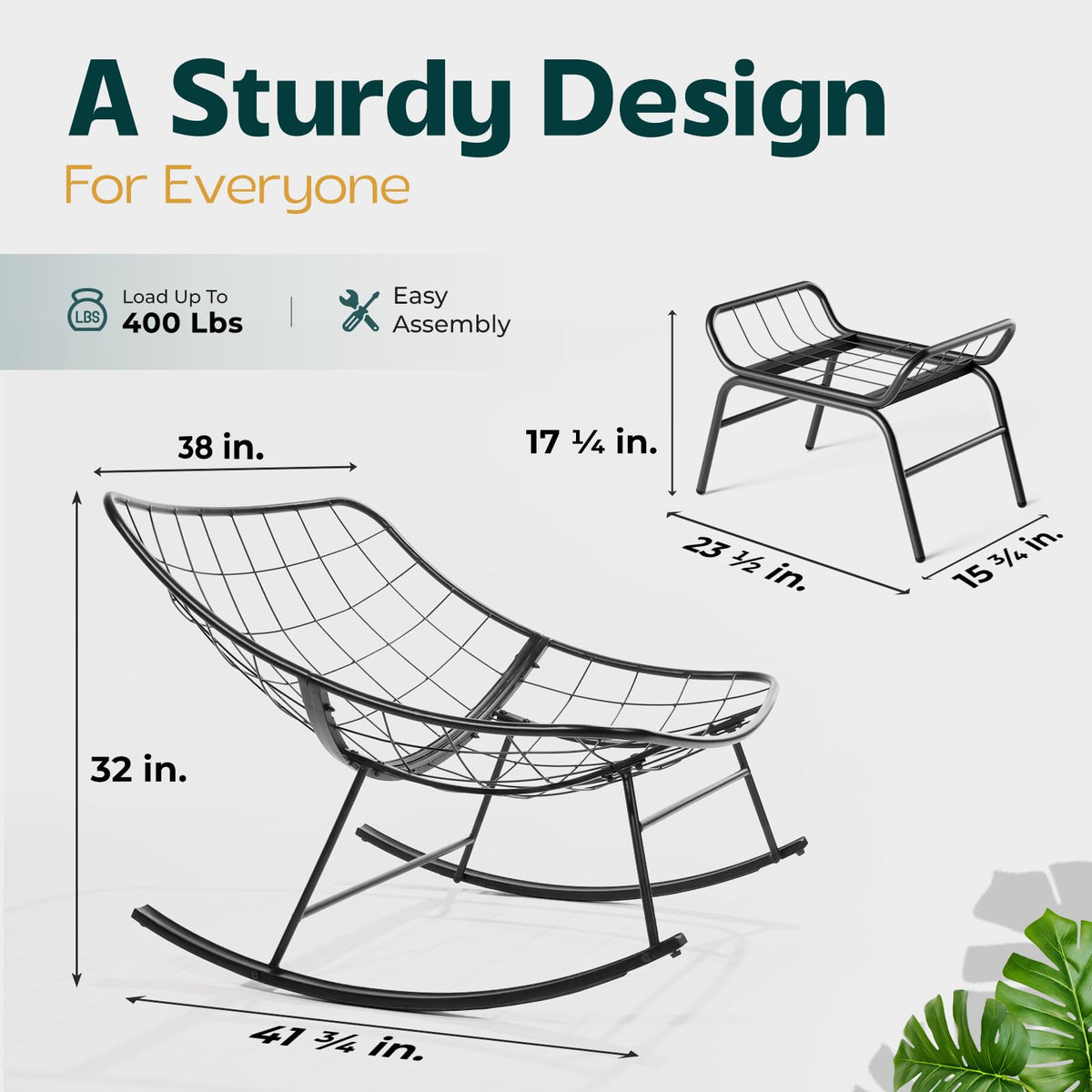 Metal moon rocking chair with ottoman with beige cushion and black matte frame; for living room seating
